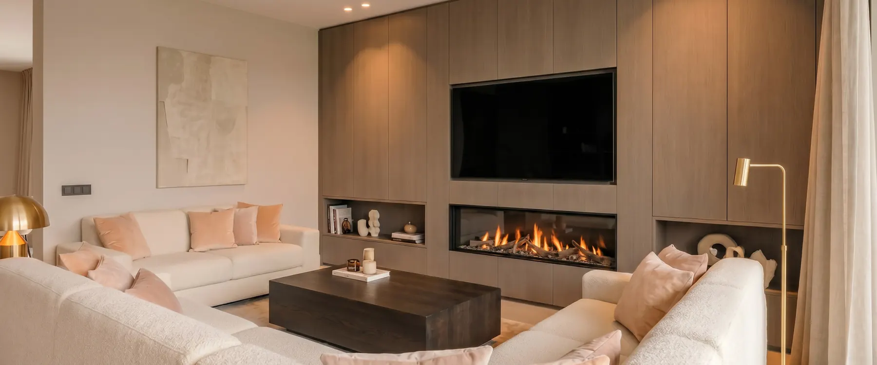 Woonkamer met sfeerhaard en maatwerk wandkast